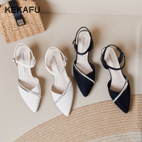 米白色粗跟凉鞋女2023年新款一字带包头凉鞋女尖头后空单鞋