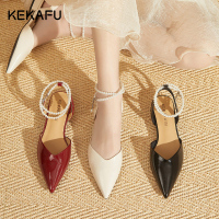 珂卡芙粗跟尖头凉鞋女2023夏季新款法式珍珠一字带仙女风包头凉鞋