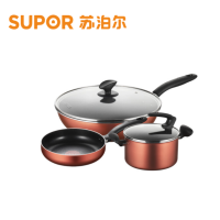 苏泊尔(SUPOR)火红点豪华三件套30cm炒锅22cm煎锅22cm汤锅燃气电磁通用铝合金锅具套装 T1232T