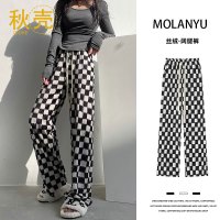 秋壳棋盘格阔腿裤女2022春秋新款高腰直筒休闲裤拖地格子拖地长裤