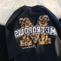 美式复古潮流豹纹刺绣字母短袖T恤女2022年ins风潮流圆领宽松上衣