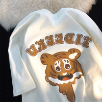 甜美可爱本命年虎头设计感印花短袖T恤女2022宽松圆领复古上衣潮