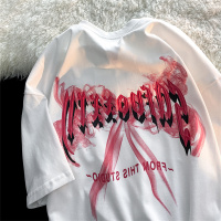 秋壳潮牌甜辣风蝴蝶结字母短袖T恤女2022年ins风宽松圆领复古上衣