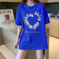 秋壳100%纯棉短袖t恤女克莱因蓝色夏季中长款宽松设计感字母印花上衣