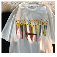 秋壳潮流ins慵懒风彩虹发泡字母短袖T恤女2022早春圆领复古上衣潮