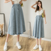 秋壳松紧高腰牛仔半身裙中长款2022春夏显瘦修身包臀A字牛仔裙女