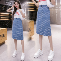 秋壳高腰牛仔中长半身裙2022夏新款显瘦提花开叉一步裙A字包臀裙