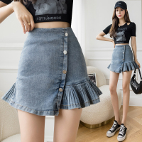 秋壳高腰牛仔短裙显瘦百褶a字半身裙女春夏季2022新款不规则裙子