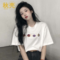 秋壳100%纯棉夏季韩版2022新款宽松印花古着感百搭短袖T恤上衣女