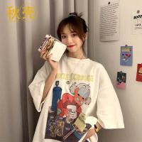 秋壳100%纯棉原宿短袖t恤女半袖2022新款宽松体桖古着设计感上衣