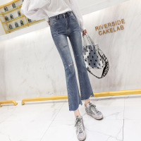 秋壳2022高腰乞丐破洞牛仔裤女ins港味裤子阔腿微喇叭