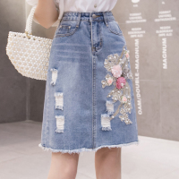 秋壳2022牛仔半身裙重工钉珠花朵磨白做旧牛仔裙