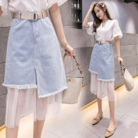 秋壳四季款女装A字破洞牛仔裙蕾丝拼接过膝盖中长款半身