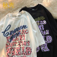 秋壳100%纯棉夏季新款简约潮流豹纹字母印花百搭情侣宽松短袖男女