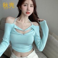 秋壳春秋新款洋气设计感小众一字领性感露肩ins上衣女修身长袖T恤