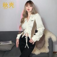 秋壳跨境欧美风春夏新款女装纯色修身露脐时尚翻领抽褶长袖T恤女