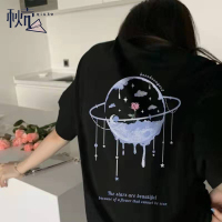 秋壳100%纯棉星球印花上衣女夏季薄款学院风宽松纯棉短袖t恤ins潮