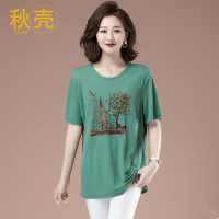 秋壳纯棉短袖t恤上衣女大码宽松显瘦夏季时尚印花圆领中年妈妈装
