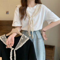 秋壳夏装设计感纯棉宽松短袖T恤女蕾丝披肩ins潮