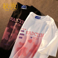 秋壳100%纯棉小熊爱心短袖t恤女半袖oversize复古宽松情侣装上衣