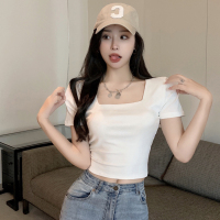 秋壳2022年夏季t桖女短款露脐上衣修身显瘦紧身洋气方领打底衫潮