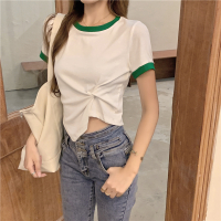 秋壳2022春夏短款不规则T恤拼接上衣宽松百搭学生设计打底衫