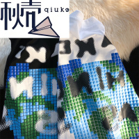 秋壳ins复古像素风创意地球字母印花短袖T恤女夏季潮流设计感上衣