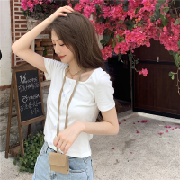 秋壳夏季新款紧身U领学生别致T恤女锁骨上衣显瘦短款打底衫