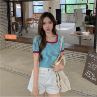 秋壳韩版新款针织衫锁骨又甜又辣别致T恤女条纹拼色打底衫