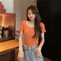 秋壳2022冰丝紧身T恤女打底衫纯色显瘦配短裤木耳短袖针织衫