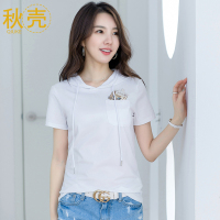 秋壳连帽t恤女短袖夏季2022年新款修身白色上衣女体恤钉珠绣花
