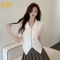 秋壳夏季韩版新款修身显瘦短款拉链POLO领设计感短袖衬衫上衣女装
