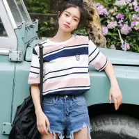 秋壳2022年新款条纹T恤甜美学院风刺绣字母女