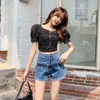 秋壳时尚宽松显瘦阔腿a字ins高腰刺绣牛仔短裤女热裤子