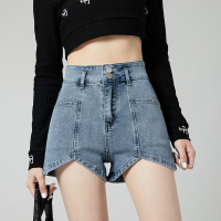 秋壳休闲大方弹力高腰双扣卷边韩版显瘦宽松阔腿A字牛仔短裤女