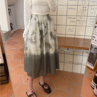 秋壳半身裙女国潮墨画扎染艺术感印花中长款高腰遮胯显瘦a字裙子