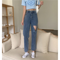 秋壳浅色破洞牛仔裤女夏季潮流女装2022年新款高腰显瘦宽松直筒裤