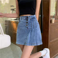 秋壳设计感牛仔短裙女2022新款高腰显瘦a字不规则侧边百褶半身裙