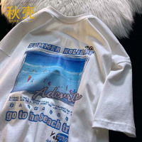 秋壳100%纯棉新款复古港味油画短袖t恤女韩版宽松半袖情侣上衣ins