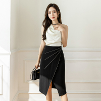秋壳2022夏季新款重工镶钻百搭气质高腰A版显瘦开叉一步裙半身裙