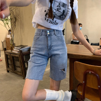 秋壳两粒扣牛仔中裤高腰破洞五分牛仔裤热裤