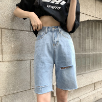 秋壳剪边牛仔中裤高腰破洞牛仔裤热裤五分裤