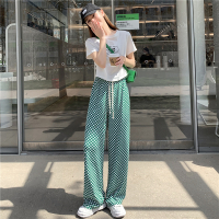 秋壳棋盘格子拖地长裤抽绳遛弯直筒裤针织阔腿裤女春夏垂感休闲裤