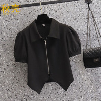 秋壳不规则短袖纯色小衫女夏季显瘦T恤纯欲遮肉法式小众别致上衣