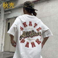 秋壳100%纯棉美式时尚百搭短袖T恤男女宽松街头嘻哈oversize上衣