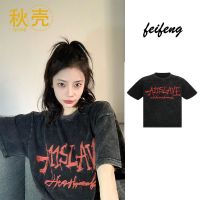 秋壳夏季做旧水洗复古字母T恤女宽松ins美式街头学生工艺小众国潮