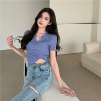 新款V领设计感小众针织短款T恤