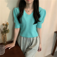 设计感泡泡袖小众V领宽松短款短袖针织T恤
