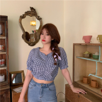 韩国ins夏季百搭复古短款格子上衣小众褶皱V领短袖衬衫