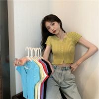 夏季新款V领高腰露脐短款修身针织衫短袖T恤上衣